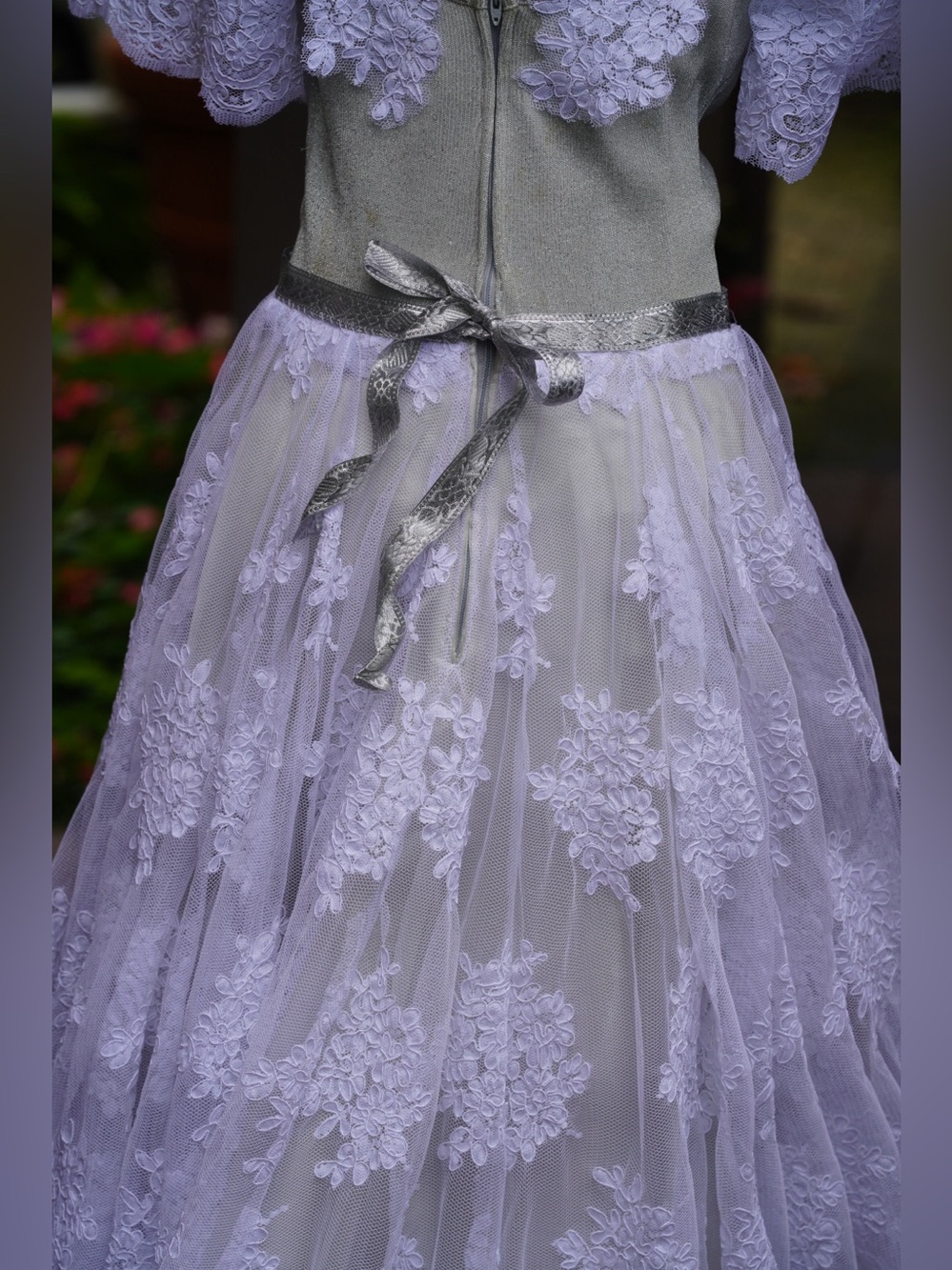 Vintage Ivory & Sage Lace Floral Appliqué Gown | Romantic Off-Shoulder Wedding - Picture 6 of 16